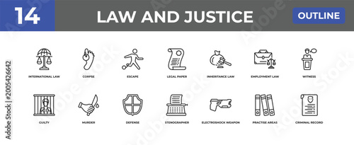 Fotografija outline law and justice icons set - international law, corpse, practise areas