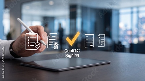 Hand holding stylus pen over tablet with digital contract signing icons representing legal agreement and document approval process.
