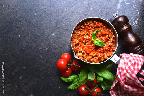 Traditional italian tomato sauce bolognese. Top view with copy space.