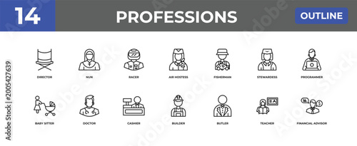 Tableau sur toile outline professions icons set - director, nun, teacher