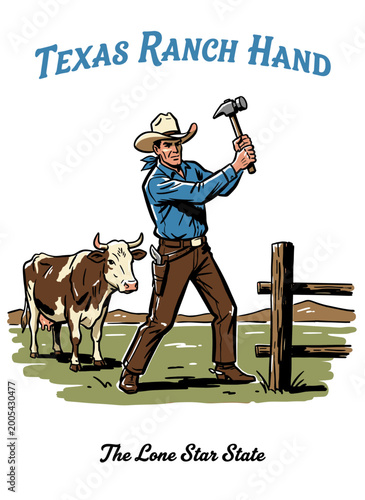 Vintage western Texas ranch hand cowboy hammering a fence with a cow, retro graphic illustration for t-shirt design and rural branding
