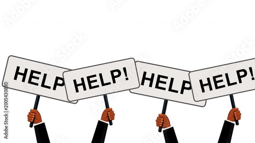 Hands of People Holding Help Placards: Flat Vector Animation of Group Asking for Support and Assistance