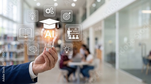 Hand holding glowing light bulb with artificial intelligence text and graduation cap surrounded by floating education icons representing e-learning, online courses, brain power