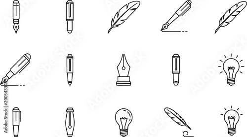 Collection of writing and idea generation icons including pens and light bulbs with light bulb