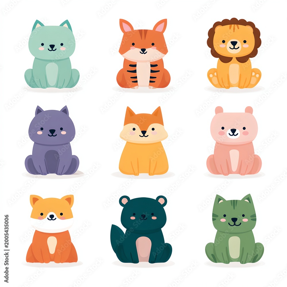 Fototapeta premium A collection of cute cartoon animals, perfect for any children's project, each with an adorable expression 