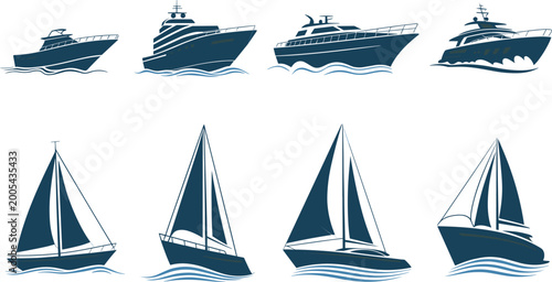 Obraz na plátne Stylized illustrations of motor yachts and sailboats gliding on waves in nautica