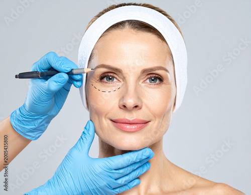 Cosmetic Surgeon Marking Mature Woman's Face for Eyelid Surgery or Blepharoplasty Procedure