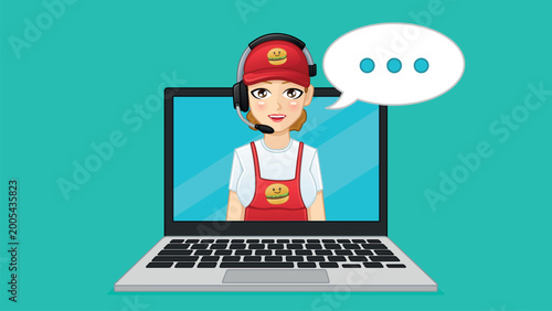 Ordering food via laptop. Customer support woman takes an order via online connection. A fast food employee on a laptop screen. Vector illustration in flat design style.