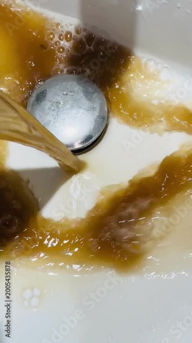 Pouring brown liquid into sink with white porcelain surface  