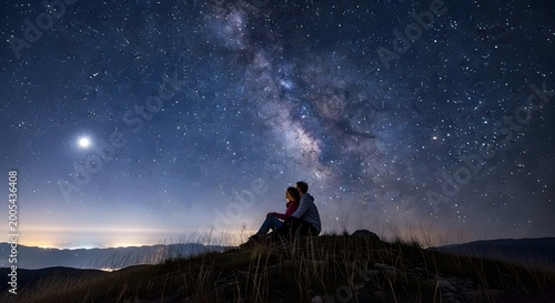 Couple sitting on hill, stargazing at night sky, Milky Way visible, romantic landscape
