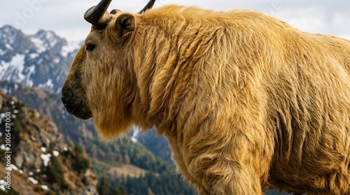 Golden Takin in the Himalayas - A Majestic Mountain Dweller.