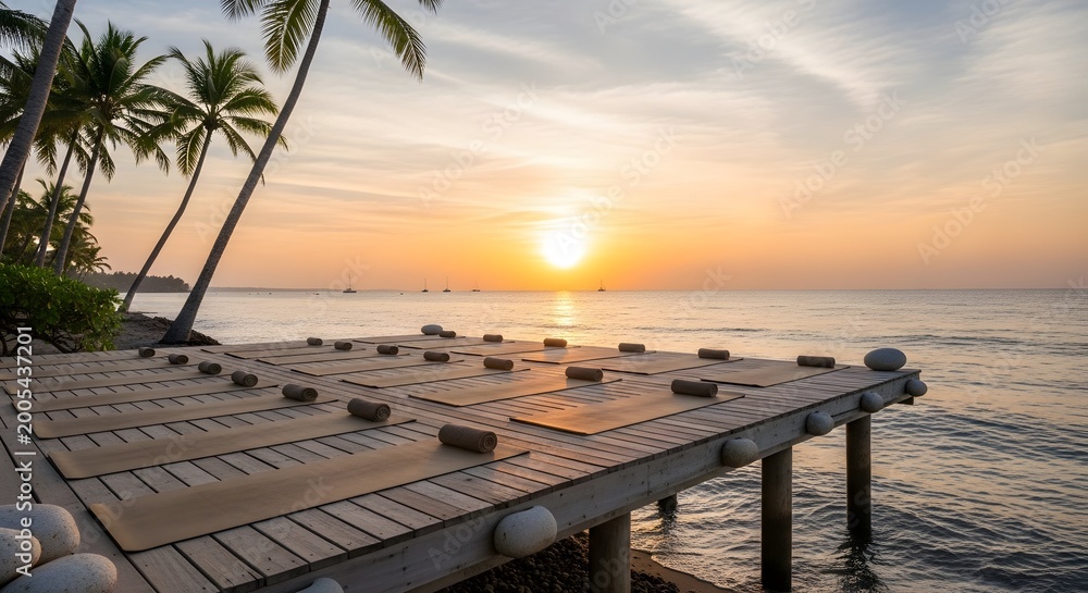 Obraz premium Tropical sunset, wooden dock, palm trees, serene ocean view, warm colors