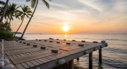 Tropical sunset, wooden dock, palm trees, serene ocean view, warm colors