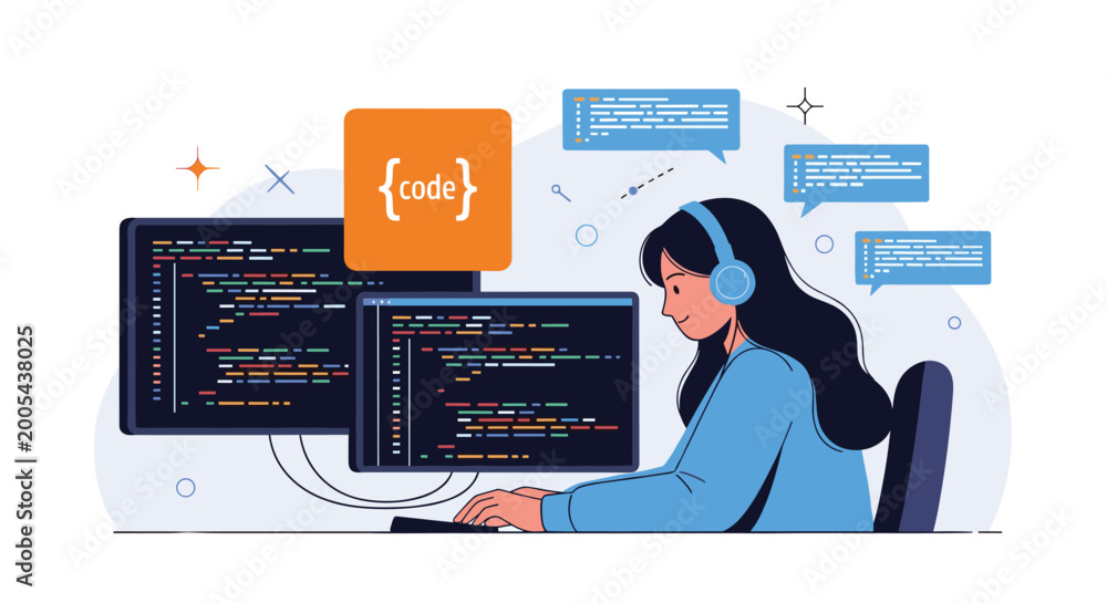 Fototapeta premium Female software developer wearing a headset while coding on multiple monitors to create advanced web applications and systems.