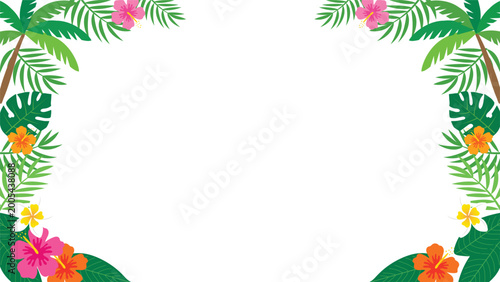 Tropical frame background with palm leaves and flowers template