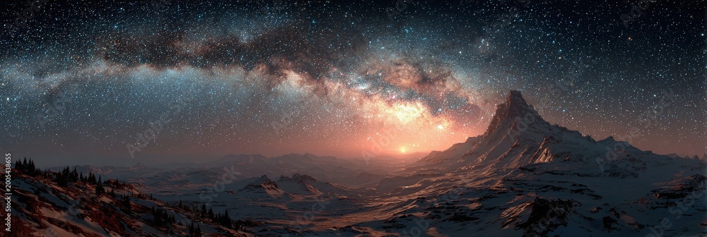 Fototapeta premium The Milky Way galaxy shines brightly over a majestic mountain range at sunset.