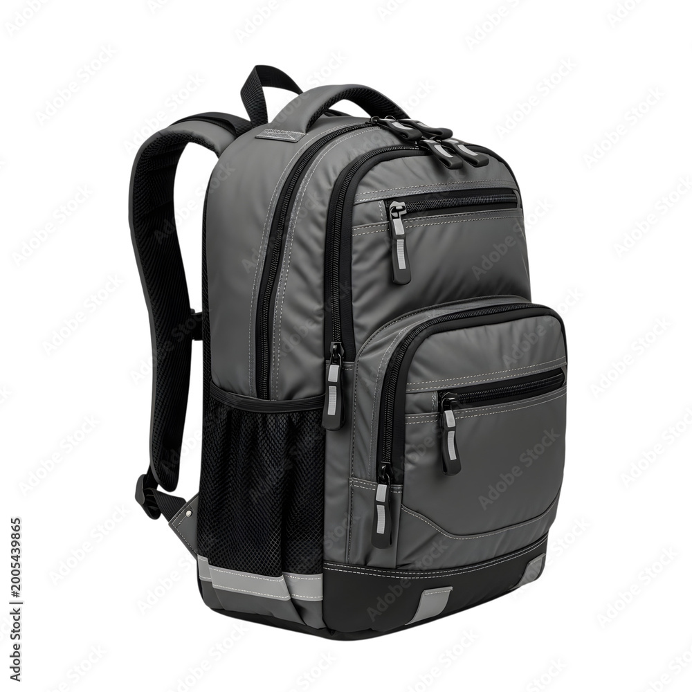 Naklejka premium Gray and black heavy-duty school backpack with multiple compartments isolated on transparent background