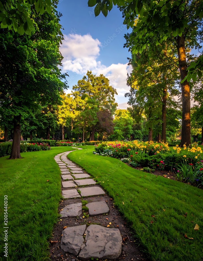 Fototapeta premium A serene garden pathway with stone steps