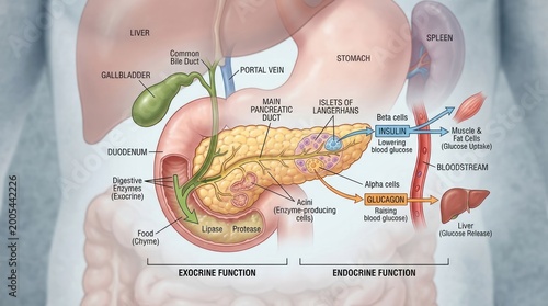 Detailed illustration of the pancreas anatomy and functions