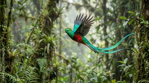 Resplendent Quetzal in Flight Through Lush Cloud Forest Canopy.