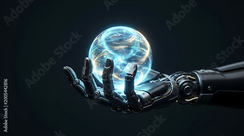 Futuristic robotic hand holding a glowing sphere against a dark background
