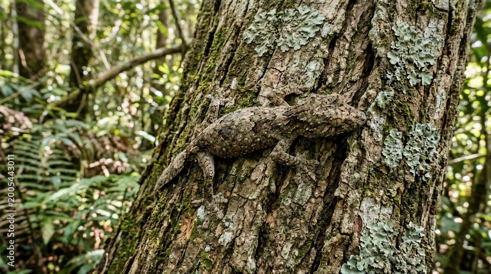 Obraz premium Uroplatus Gecko Camouflaged on Tree Bark in Madagascar.
