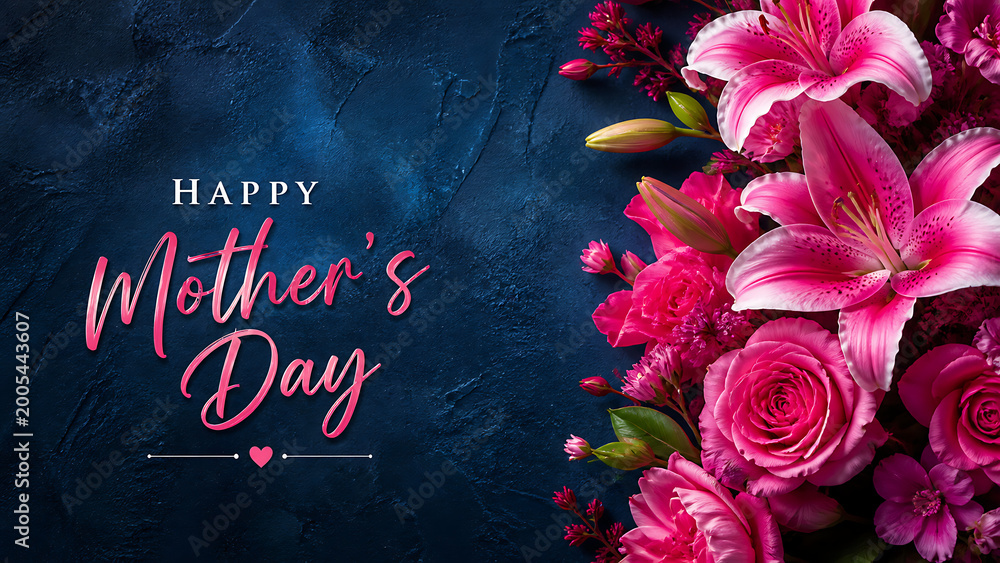 Obraz premium Vibrant pink lily and elegant rose flowers arranged beautifully along the right edge of a dark textured blue background for lovely happy mothers day wishes
