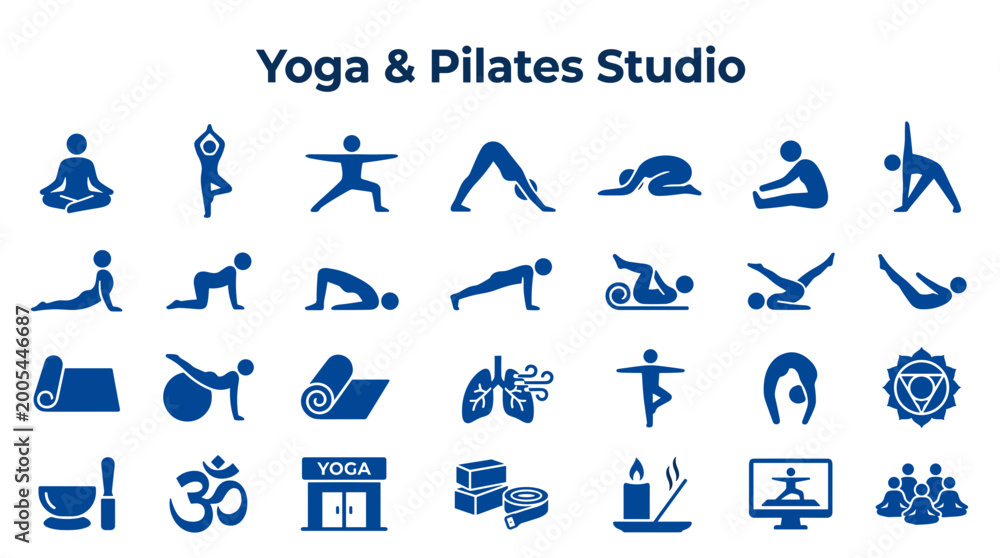 Fototapeta premium Yoga and Pilates Studio Icons Set representing diverse poses and wellness concepts for fitness and healthy lifestyle