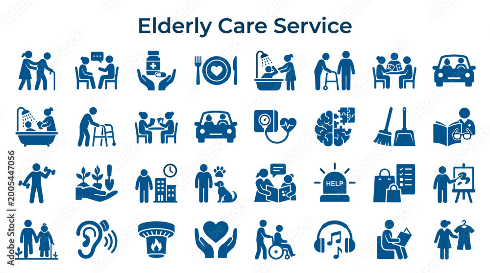 Fototapeta premium Elderly Care Service Icons Representing Health Support Safety Companionship and Daily Life Assistance for Seniors