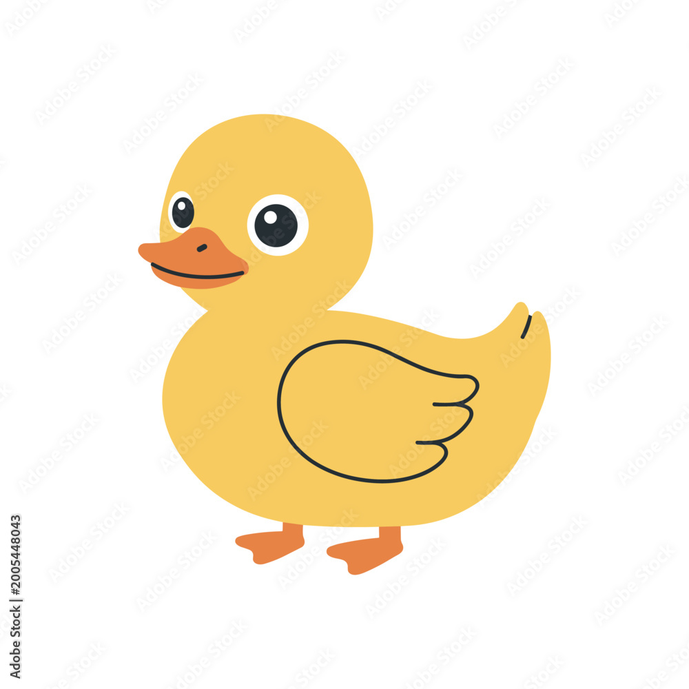 Fototapeta premium Cute yellow duck cartoon illustration in flat vector style with orange beak and feet, isolated on a clean background for children’s, farm, and animal-themed designs