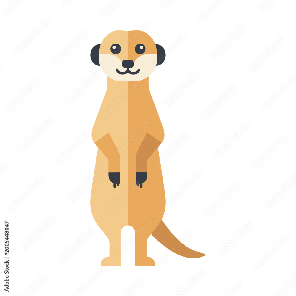Obraz premium Cute meerkat cartoon illustration in flat vector style standing upright with simple geometric shapes, isolated on a clean background for wildlife and children’s designs