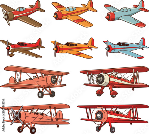 Photos Vintage airplane illustration set with retro propeller aircraft, classic aviatio