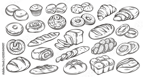 Bakery bread and pastry set with buns, croissant, baguette, sliced loaf, donut, cinnamon roll, pretzel and artisan breads. Retro outline bakery collection, monochrome vector illustration.