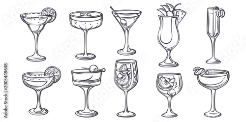Cocktail set with margarita, martini, pina colada, French 75, daiquiri and gin tonic in monochrome outline. Bar menu and drink card layout with cocktail set, vector illustration