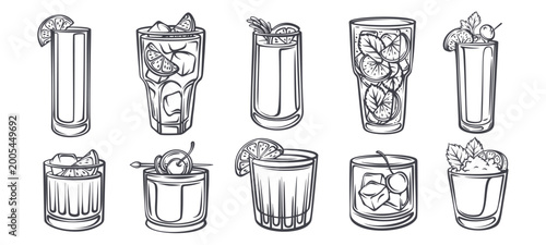 Cocktail set with screwdriver, mojito, gin tonic, whiskey cocktail, negroni, long island iced tea and aperitif drinks. Monochrome outline drink card layout with cocktail set, vector illustration