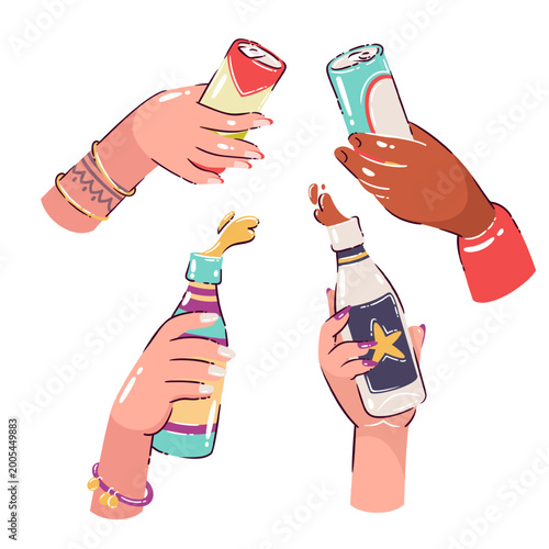 Cocktail bottles set with cans, champagne bottles, popping corks, manicured hands, bracelets and star label. Party toast scene with cocktail bottles set, cartoon vector illustration.