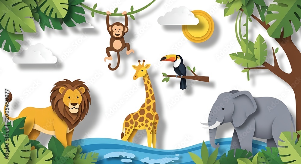 Naklejka premium Cartoon animals in jungle scene