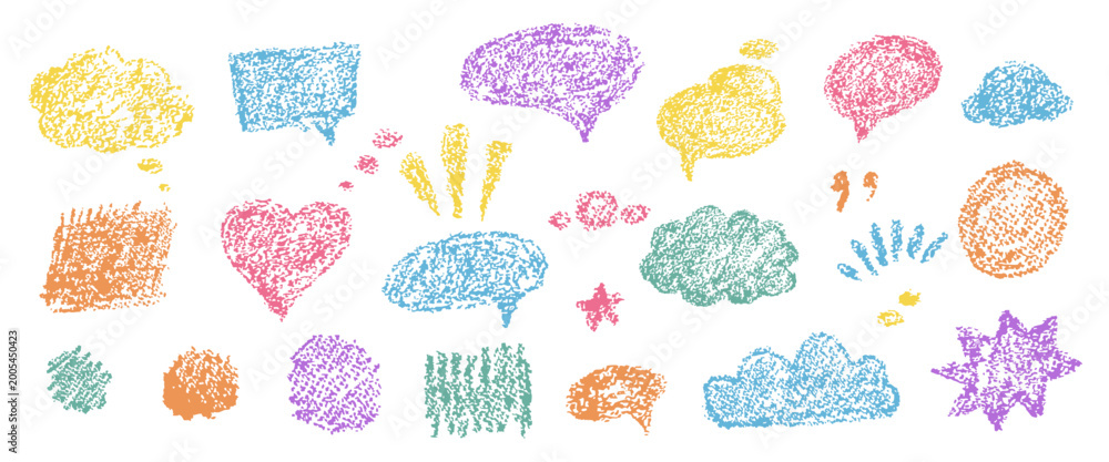 Naklejka premium Speech bubble set with crayon texture, cloud, heart, round and star chat shapes, quotes and comic marks. Kids dialog design with colorful speech bubbles, vector illustration.