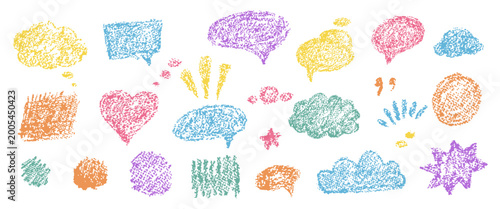 Speech bubble set with crayon texture, cloud, heart, round and star chat shapes, quotes and comic marks. Kids dialog design with colorful speech bubbles, vector illustration.