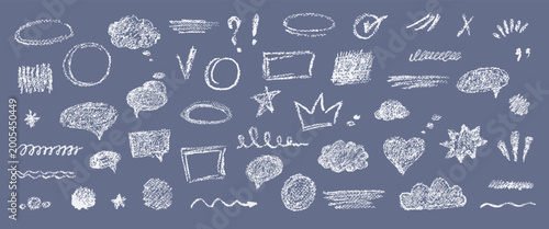 Fotografie Crayon speech bubble set with chalky chat frames, clouds, circles, crown, heart and sketch marks on dark background