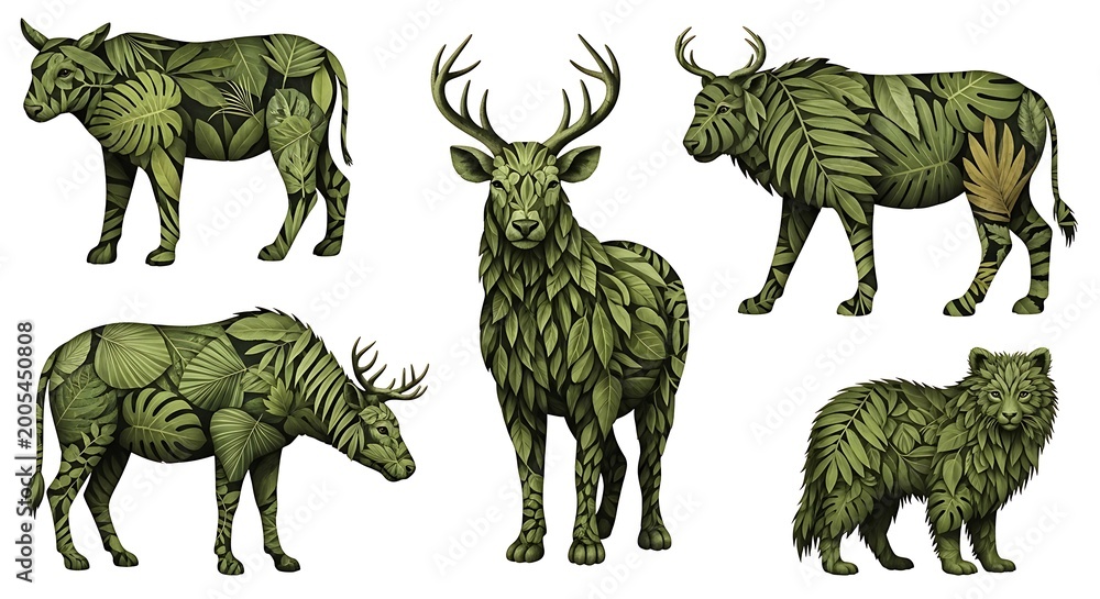 Naklejka premium Stylized animals with leaf patterns