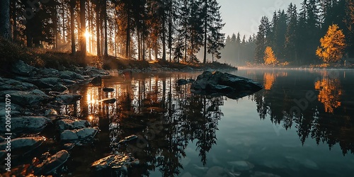 Sunset over calm lake with trees reflected on water near rocky shoreline in forest