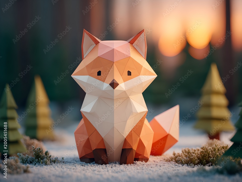 Obraz premium A paper fox in a forest, evoking a sense of wonder and beauty. The vibrant colors and geometric shapes of the paper fox create an eye-catching contrast against the soft background