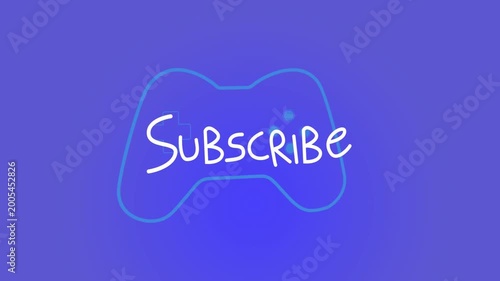 Subscribe lettering appearing, neon gamepad outline growing and strokes radiating, urging clicks