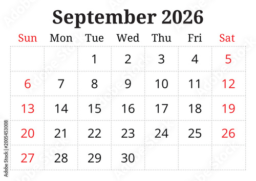 2026 september printable calendar planner. English monthly page vector template Sunday start