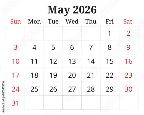 2026 may printable calendar planner. English monthly page vector template Sunday start