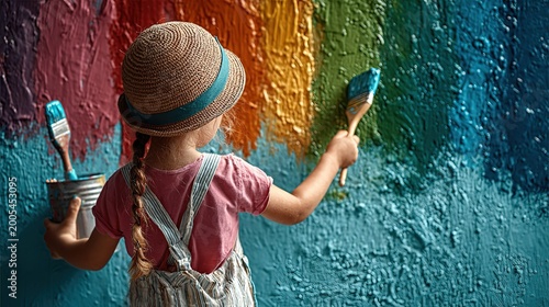 Little Girl Wearing Straw Hat Creating Vibrant Rainbow Textured Wall Art with Paintbrushes and Paint Can, Childhood Creative Art-Making Process