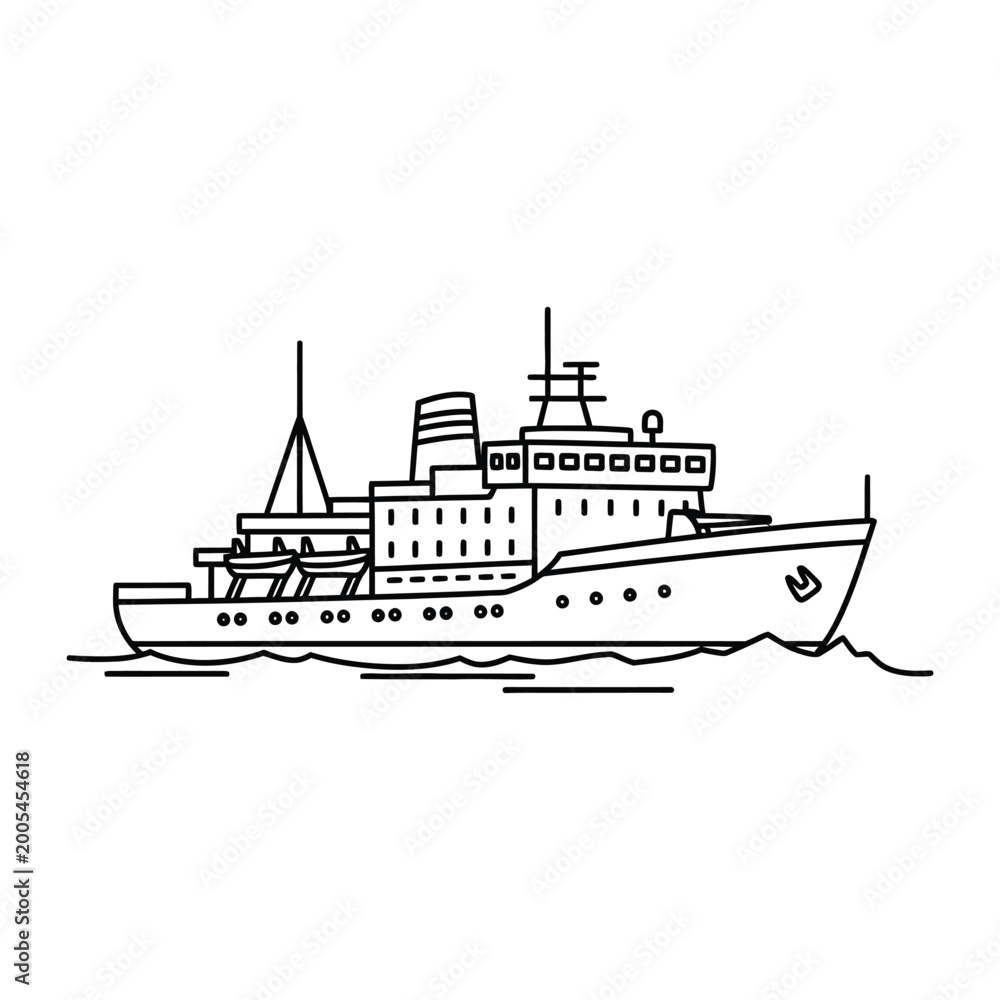 Fototapeta premium Detailed outline of a cruise ship sailing on water vector art