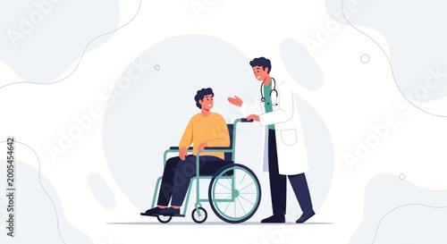 Doctor pushing patient in wheelchair, medical consultation, healthcare concept