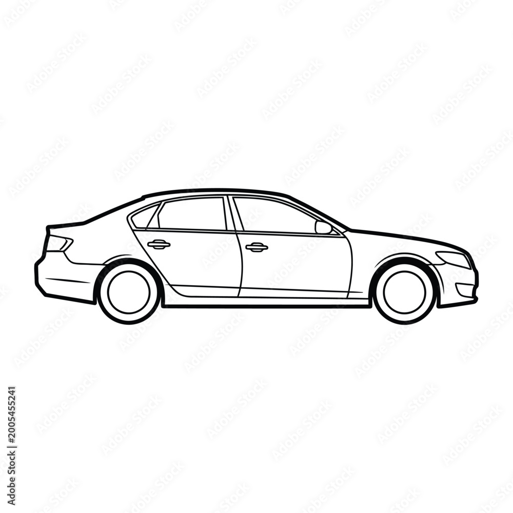Fototapeta premium Modern sedan car outline simple black white line art illustration for automotive urban transport travel